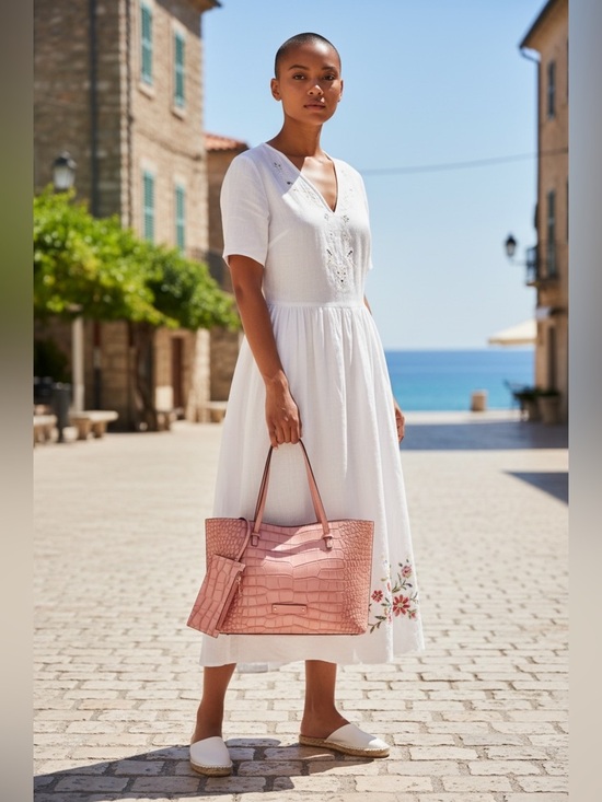 De Vesi Handbags - $200 NWT De Vesi Tote De L'amour Pink Crocodile-Embossed Tote Bag